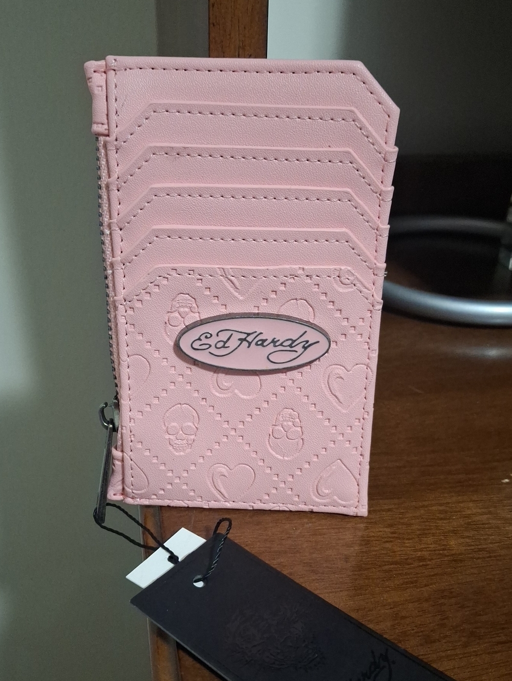 Ed Hardy Light Pink Card Holder with Embossed Hearts & Skulls